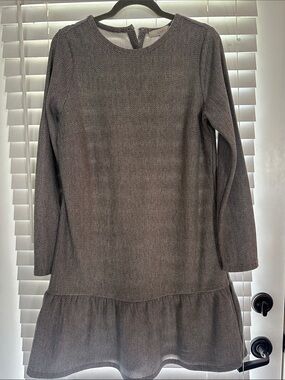 LOFT Grey Chevron Long-Sleeve Ruffle-Hem Dress